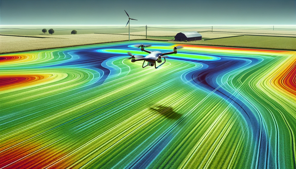 Futuristic drone equipped with multispectral sensors flying above a vast, flat grassland, artistically capturing a colorful heatmap overlay. The backdrop features a minimalist farm outline and a sleek wind turbine, symbolizing the integration of modern agricultural monitoring technology in a tranquil countryside setting.